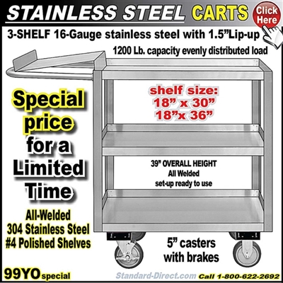99YO 3-Shelf Stainless Steel Cart w/Writing Shelf