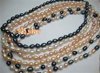 38406 7-8mm Rice Shape Fresh Water Pearl Necklace 18" w/925 Silver 11mm Claps