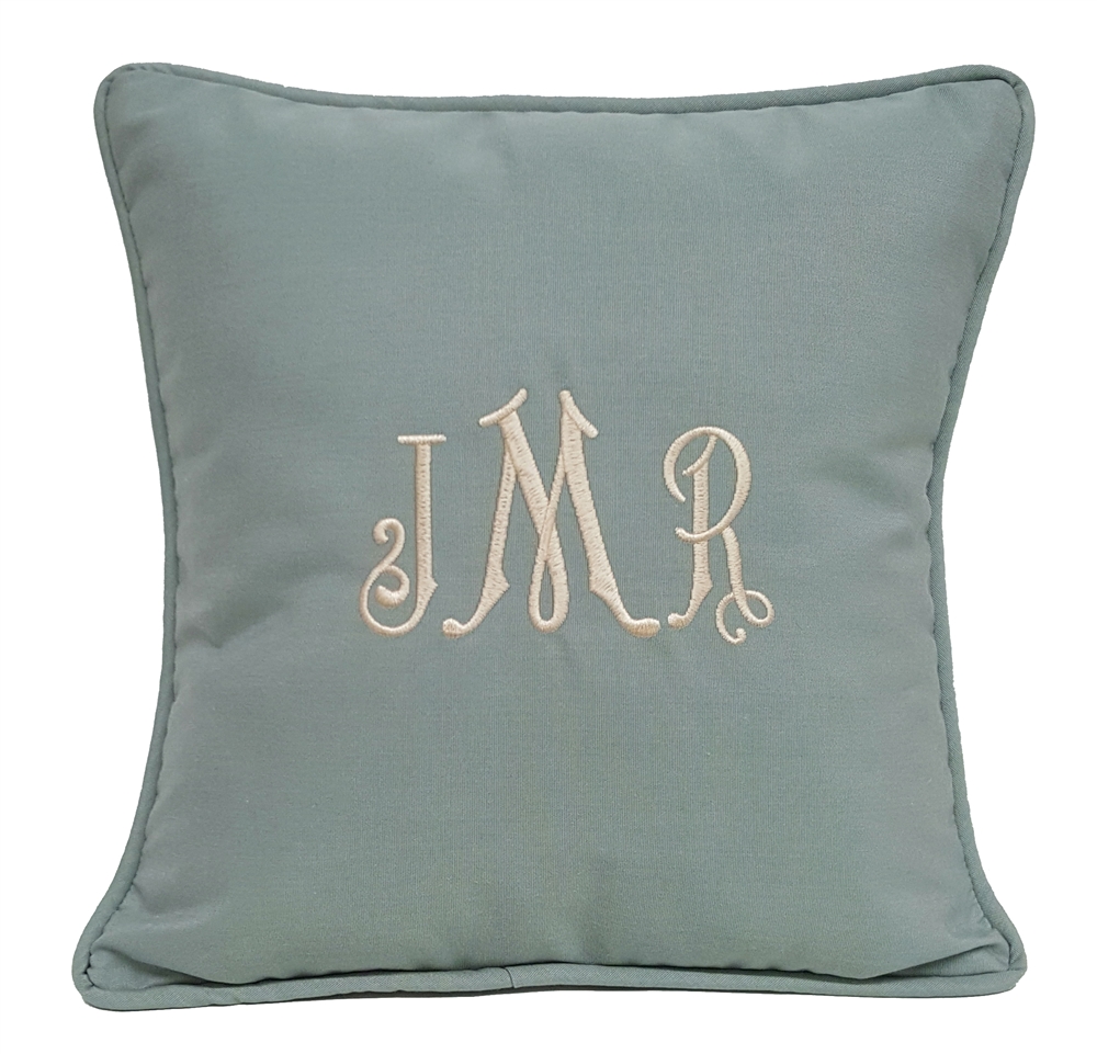 Monogrammed Sunbrella Pillow in Spa with Matching Trim