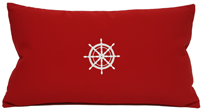 Nantucket Bound Sunbrella Outdoor Indoor Pillow in Red with Embroidered Ship's Wheel | Nantucket Bound
