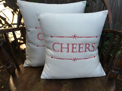 Sunbrella Pillow with Cheers! in White & Red - Festive Pillows for The Holidays | Nantucket Bound