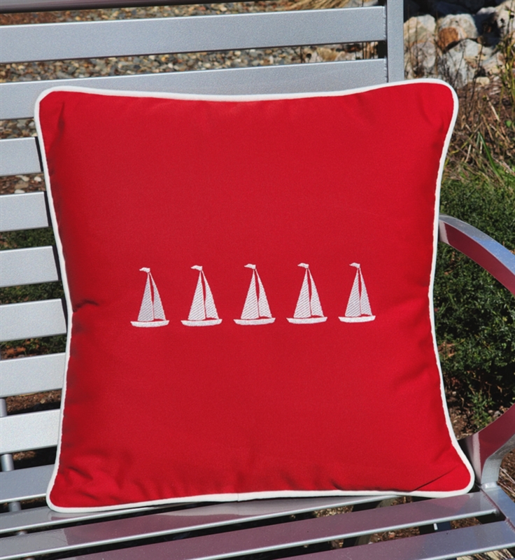 Nautical Coastal Pillow Embroidered with 5 Sailboats on Red Sunbrella Fabric | Nantucket Bound