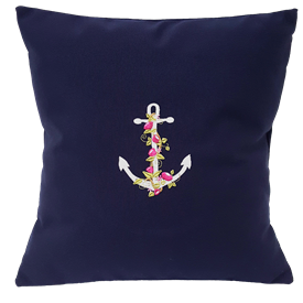 Anchor with Garland of Flowers on Navy Blue Nautical Pillow | Nantucket Bound