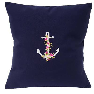 Anchor with Garland of Flowers on Navy Blue Nautical Pillow | Nantucket Bound