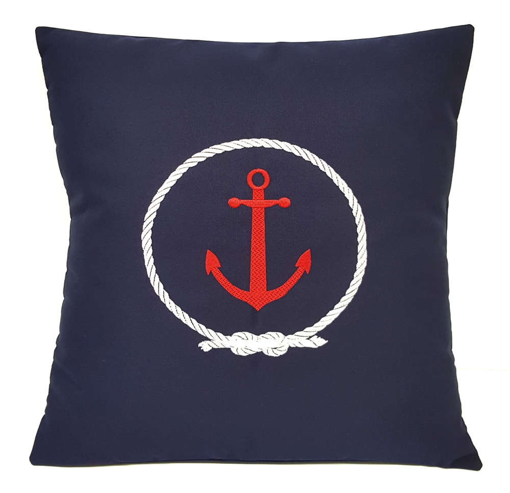 Sunbrella Outdoor Indoor Pillow in Navy with Embroidered Anchor & Rope