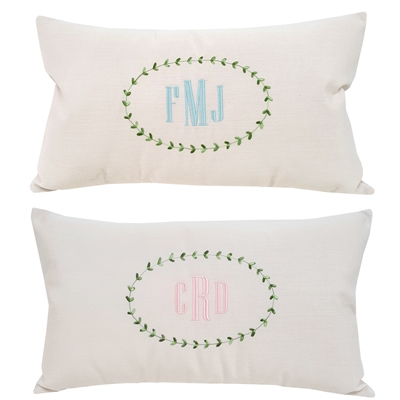 Monogrammed Sunbrella Pillow in Cream with Country Wreath Embroidered in Pink Or Blue | Nantucket Bound