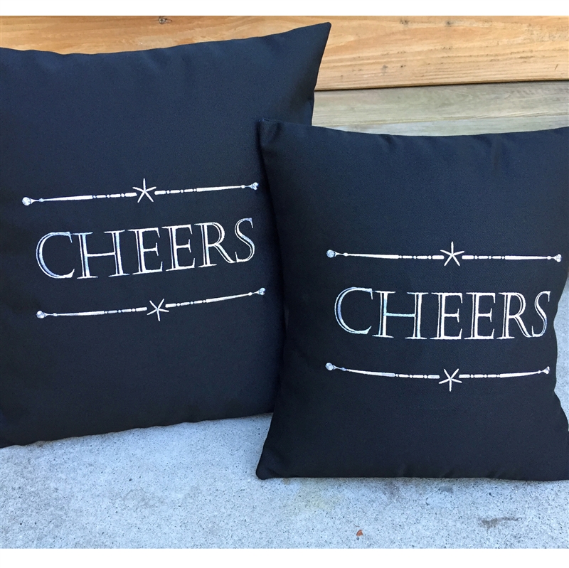 Sunbrella Pillow with Cheers! in Black & Gray - Festive Pillows for The Holidays | Nantucket Bound