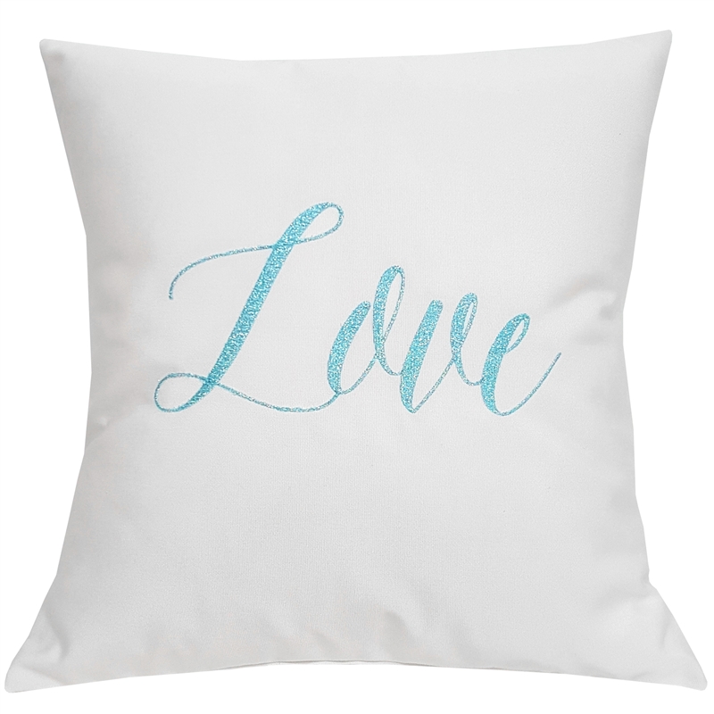 Indoor & Outdoor Pillow in Sunbrella with "Love" Embroidered with Ice Blue Metallic Thread | Nantucket Bound