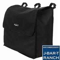 Blanket Storage Bag measures 23 x 19 x 9 heavy cordura with three adjustable loops with snap closures to securely attach the bag to a stall front, trailer, or tack room. Large opening with quick grip closure at top at Horse Lovers Outlet.