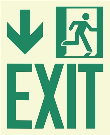 Photoluminescent Running Man Exit Sign, Down Arrow