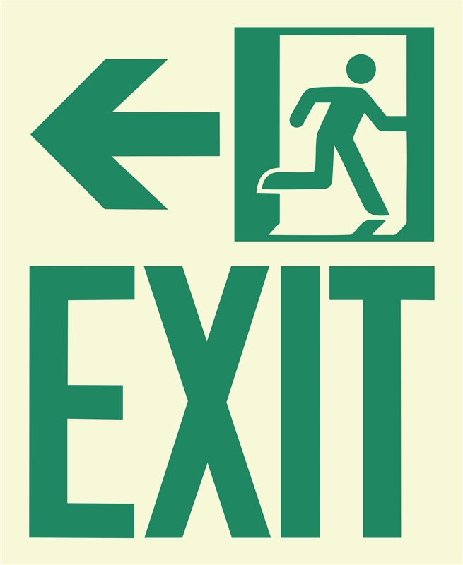 Photoluminescent Running Man Exit Sign, Left  Arrow