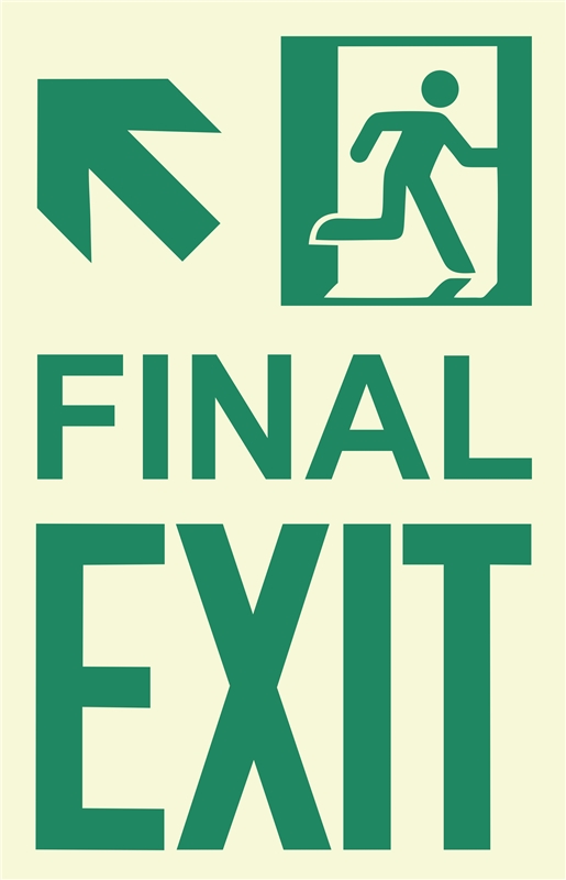 Photoluminescent Running Man Final Exit Sign, Top Left Arrow