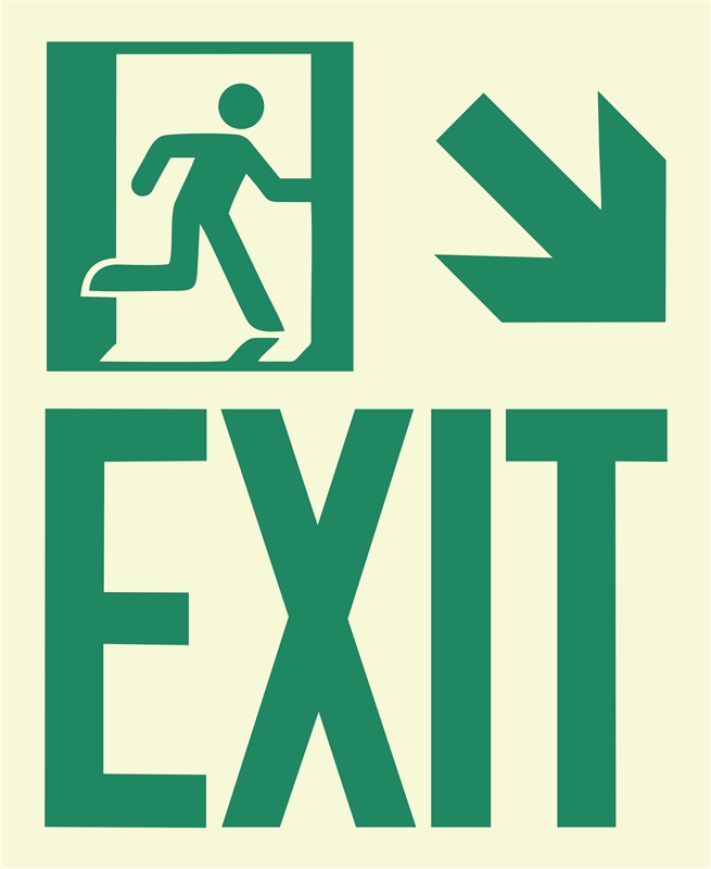 Photoluminescent Running Man Exit Sign, Bottom Right Arrow