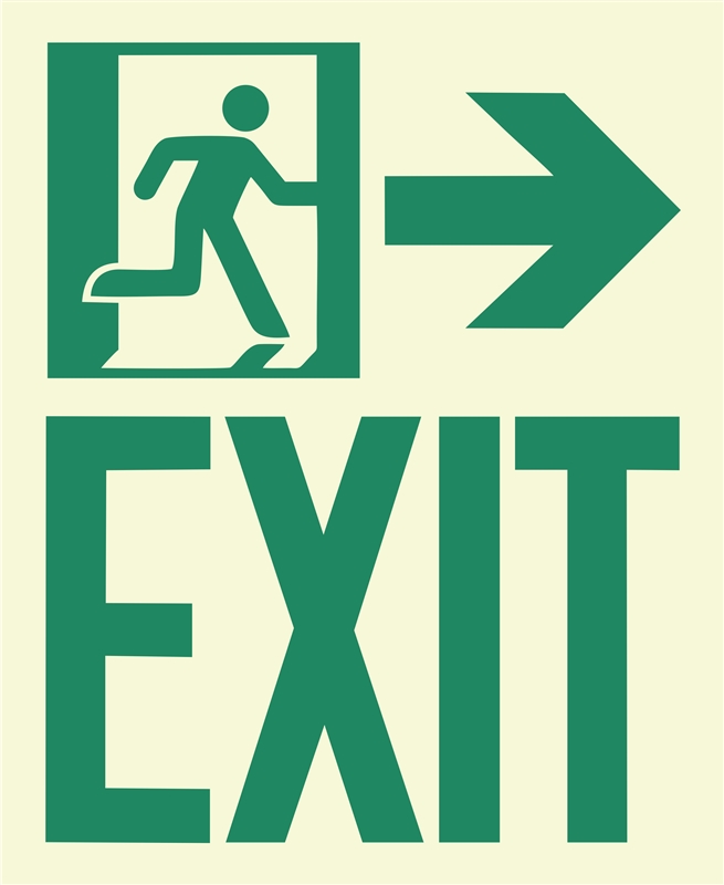 Photoluminescent Running Man Exit Sign, Right Arrow
