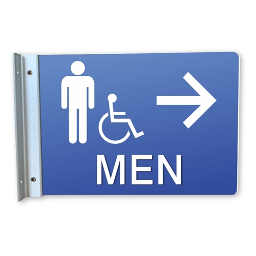 Handicap Men's Restroom Wall Projecting Sign, Right Arrow