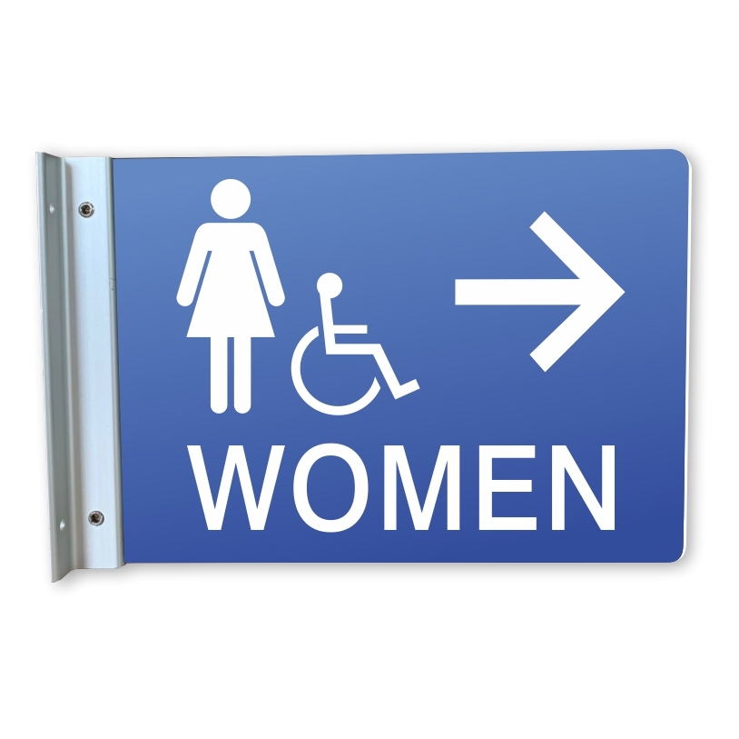 Handicap Women's Restroom Wall Projecting Sign, Right Arrow