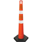 Orange cone with two white stripes and two orange stripes of 4" high intensity prismatic sheeting