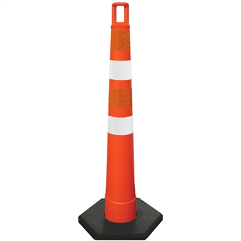 Orange cone with two white stripes and two orange stripes of 4" high intensity prismatic sheeting
