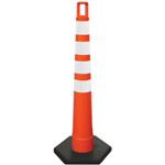 Orange cone with four stripes of high intensity prismatic sheeting