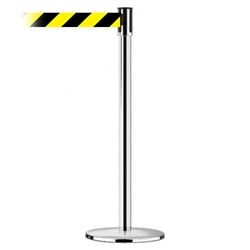 Slimline Post Universal Polished Chrome Base/Polished Chrome Tube/Polished Chrome Head Standard 7.5' No Custom Black/Yellow Chevron Webbing Standard Belt End