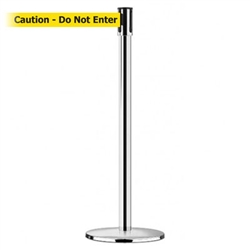 Slimline Post Universal Polished Chrome Base/Polished Chrome Tube/Polished Chrome Head Standard 7.5' No Custom Yellow Webbing/Black "Caution - Do Not Enter" Standard Belt End