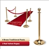 Brass Stanchion Kit: 4 + 3 velvet ropes (Ball Top with Dome Base)