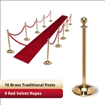 Brass Stanchion Kit: 10 + 9 velvet ropes (Ball Top with Dome Base)