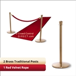 Brass Stanchion Kit: 2 + 1 velvet ropes (Crown Top with Flat Base)