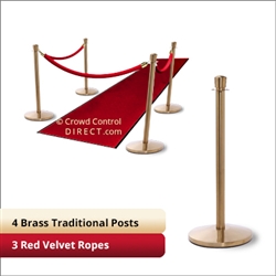 Brass Stanchion Kit: 4 + 3 velvet ropes (Crown Top with Flat Base)