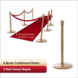 Brass Stanchion Kit: 6 + 5 velvet ropes (Crown Top with Flat Base)