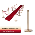 Brass Stanchion Kit: 10 + 9 velvet ropes (Crown Top with Flat Base)