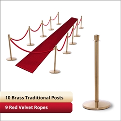 Brass Stanchion Kit: 10 + 9 velvet ropes (Crown Top with Flat Base)