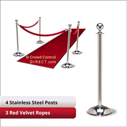 Stainless Steel Stanchion Kit: 4 + 3 velvet ropes (Ball Top with Dome Base)