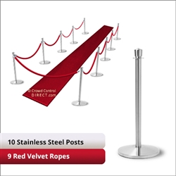 Stainless Steel Stanchion Kit: 10 + 9 velvet ropes (Crown Top with Flat Base)
