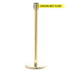 QueuePro 200, Polished Brass, Barrier with 11' CAUTION-WET FLOOR Belt