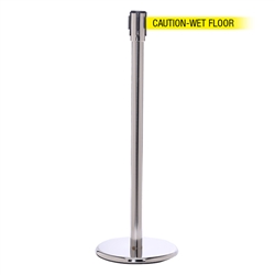 QueuePro 200, Polished Chrome, Barrier with 11' CAUTION-WET FLOOR Belt