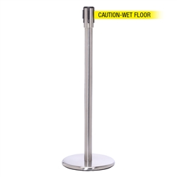 QueuePro 200, Satin Chrome, Barrier with 11' CAUTION-WET FLOOR Belt