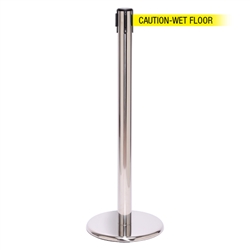 QueuePro 250, Polished Chrome, Barrier with 11' CAUTION-WET FLOOR Belt