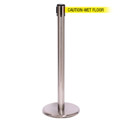 QueuePro 250, Satin Chrome, Barrier with 11' CAUTION-WET FLOOR Belt
