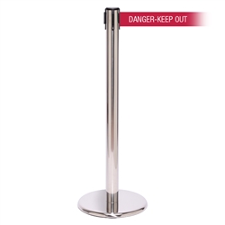 QueuePro 250 Xtra, Polished Chrome, Barrier with 3" wide 11' DANGER-KEEP OUT - RED Belt