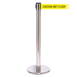 QueuePro 250 Xtra, Polished Chrome, Barrier with 3" wide 11' CAUTION-WET FLOOR Belt