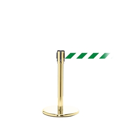 QueuePro 200 Mini, Polished Brass, Barrier with 11' Green/White Diagonal Belt
