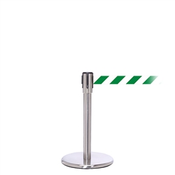 QueuePro 200 Mini, Satin Chrome, Barrier with 11' Green/White Diagonal Belt