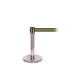QueuePro 250 Mini, Satin Chrome, Barrier with 11' Black/Yellow Stripe Belt