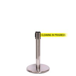 QueuePro 250 Mini, Satin Chrome, Barrier with 11' CLEANING IN PROGRESS Belt