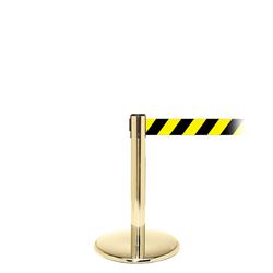 QueuePro 250 Mini Xtra, Polished Brass, Barrier with 3" wide 11' Yellow/Black Diagonal Belt