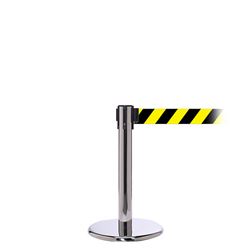 QueuePro 250 Mini Xtra, Polished Chrome, Barrier with 3" wide 11' Yellow/Black Diagonal Belt
