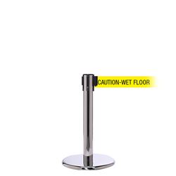 QueuePro 250 Mini Xtra, Polished Stainless, Barrier with 3" wide 11' CAUTION-WET FLOOR Belt