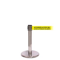 QueuePro 250 Mini Xtra, Satin Chrome, Barrier with 3" wide 11' ACCESO AUTORIZADO SOLAMENTE Belt