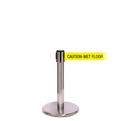 QueuePro 250 Mini Xtra, Satin Chrome, Barrier with 3" wide 11' CAUTION-WET FLOOR Belt